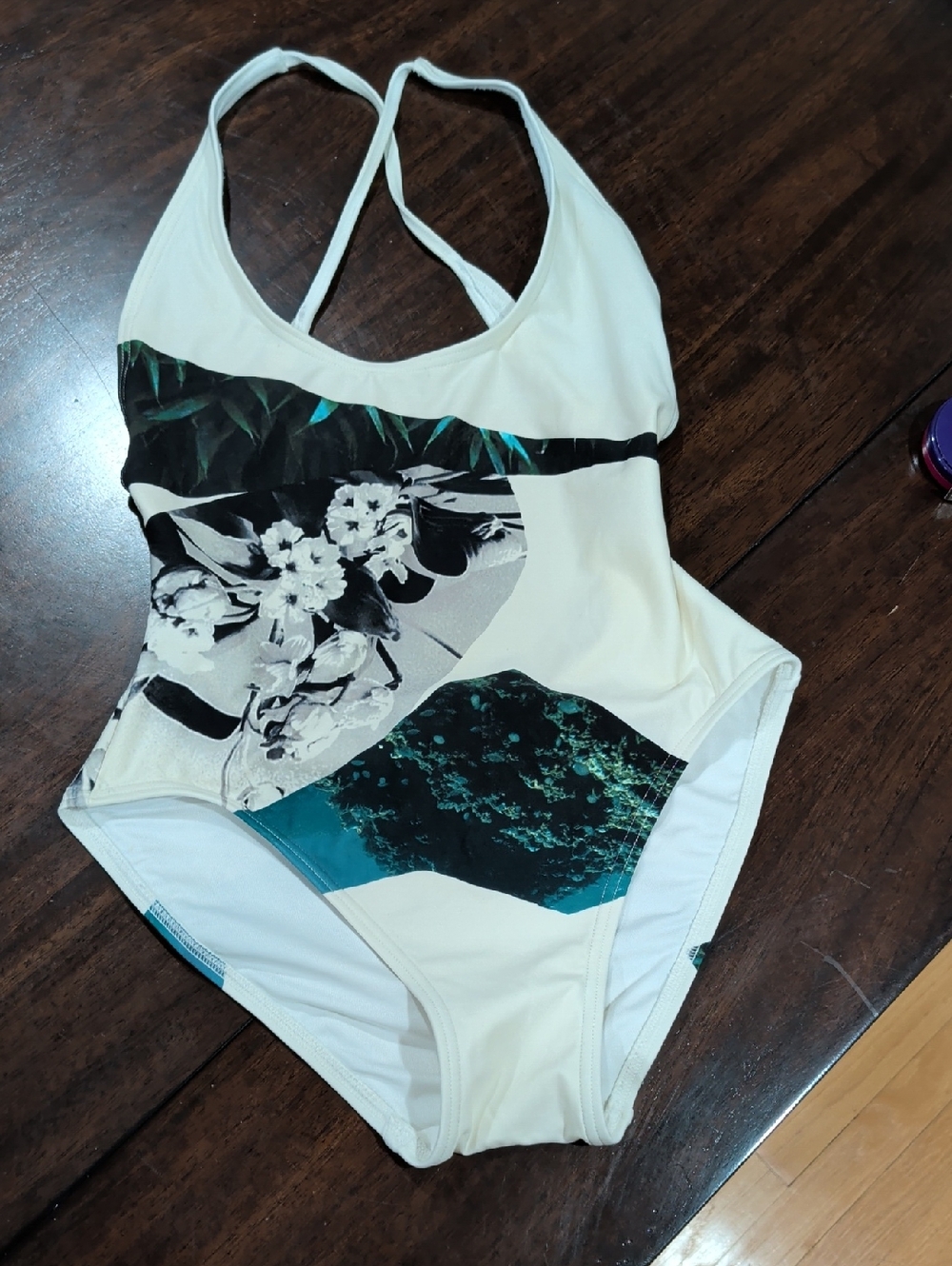 Proenza Cream One-Piece Swimsuit with Floral & Teal Graphic